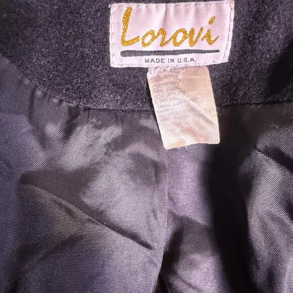 Vtg Lorovi Black Wool Coat Cape Collar Trim Elegant Overcoat Check Measurements - Picture 9 of 11